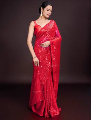 Embellished red color  bollywood georgette saree with unstiched blouse 1