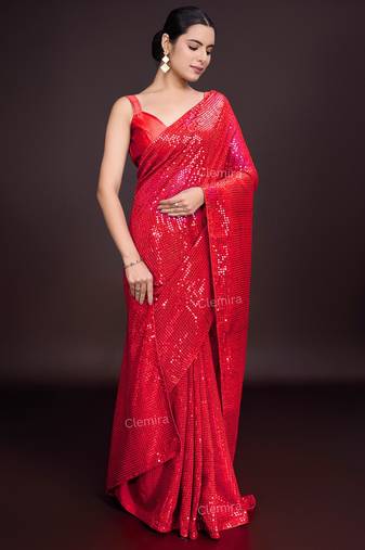 Embellished red color  bollywood georgette saree with unstiched blouse