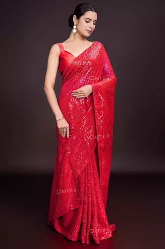 Embellished red color  bollywood georgette saree with unstiched blouse
