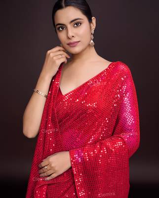 Embellished red color  bollywood georgette saree with unstiched blouse 2