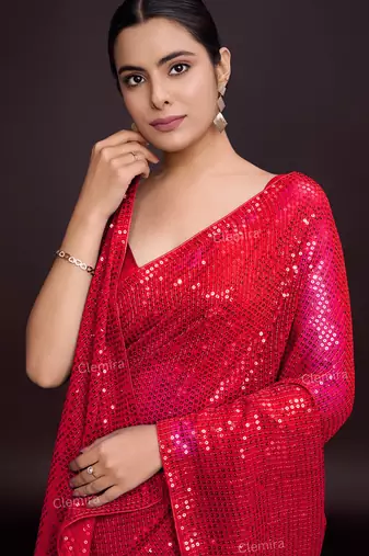 Embellished red color  bollywood georgette saree with unstiched blouse