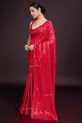 Embellished red color  bollywood georgette saree with unstiched blouse