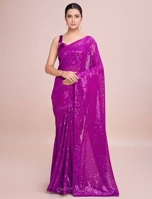 Embellished rani pink color  bollywood georgette saree with unstiched blouse 1