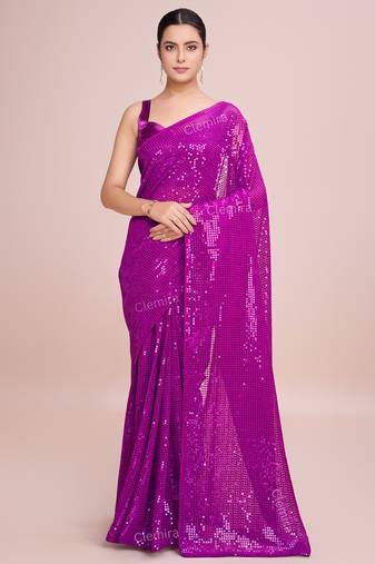 Embellished rani pink color  bollywood georgette saree with unstiched blouse