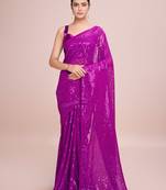 Embellished rani pink color  bollywood georgette saree with unstiched blouse