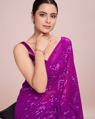 Embellished rani pink color  bollywood georgette saree with unstiched blouse 2