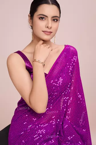 Embellished rani pink color  bollywood georgette saree with unstiched blouse