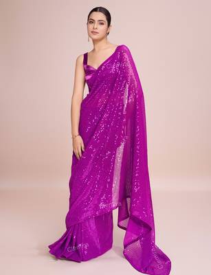 Embellished rani pink color  bollywood georgette saree with unstiched blouse 3