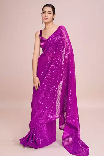 Embellished rani pink color  bollywood georgette saree with unstiched blouse