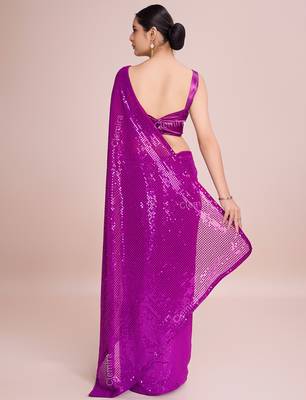 Embellished rani pink color  bollywood georgette saree with unstiched blouse 4