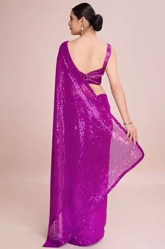 Embellished rani pink color  bollywood georgette saree with unstiched blouse