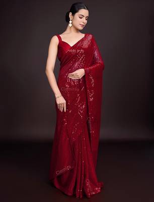 Embellished maroon color  bollywood georgette saree with unstiched blouse 1