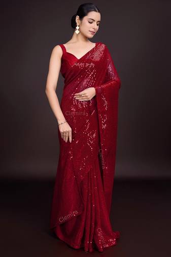Embellished maroon color  bollywood georgette saree with unstiched blouse