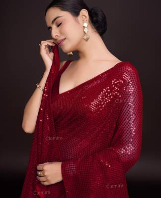 Embellished maroon color  bollywood georgette saree with unstiched blouse 2