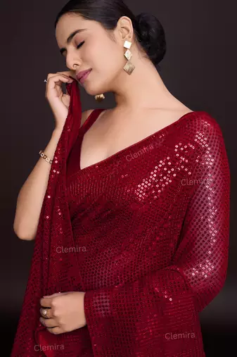 Embellished maroon color  bollywood georgette saree with unstiched blouse