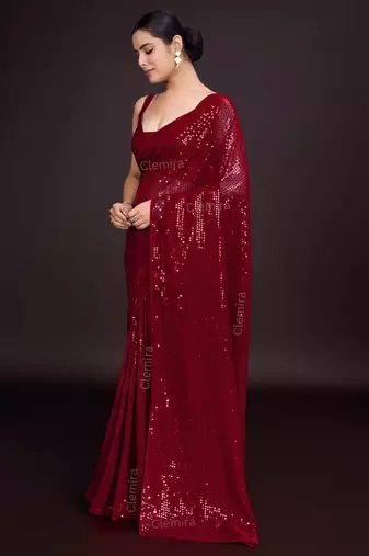 Embellished maroon color  bollywood georgette saree with unstiched blouse