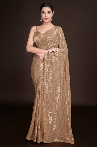 Embellished chiku color  bollywood georgette saree with unstiched blouse