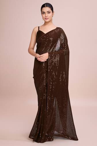 Embellished coffee color  bollywood georgette saree with unstiched blouse