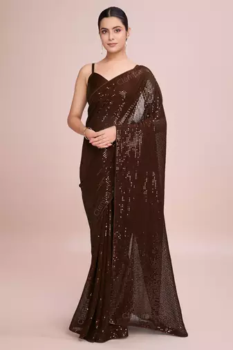 Embellished coffee color  bollywood georgette saree with unstiched blouse
