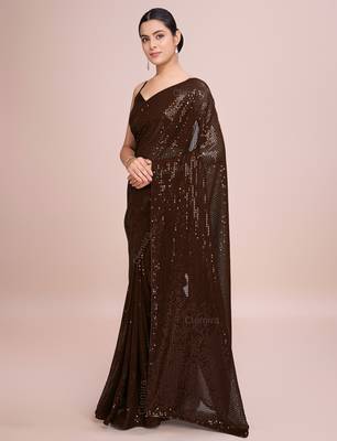 Embellished coffee color  bollywood georgette saree with unstiched blouse 3