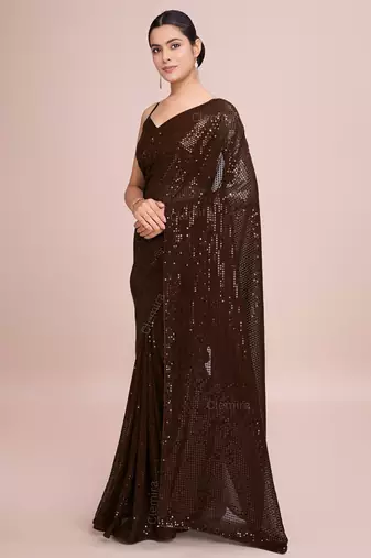 Embellished coffee color  bollywood georgette saree with unstiched blouse