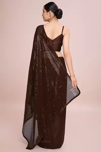 Embellished coffee color  bollywood georgette saree with unstiched blouse