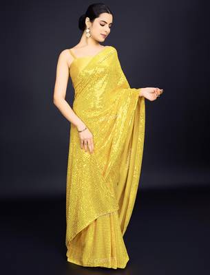 Embellished yellow color  bollywood georgette saree with unstiched blouse 1