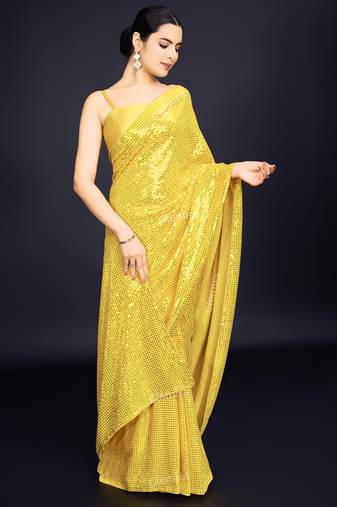 Embellished yellow color  bollywood georgette saree with unstiched blouse