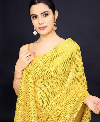 Embellished yellow color  bollywood georgette saree with unstiched blouse 2
