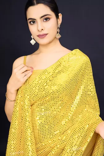 Embellished yellow color  bollywood georgette saree with unstiched blouse