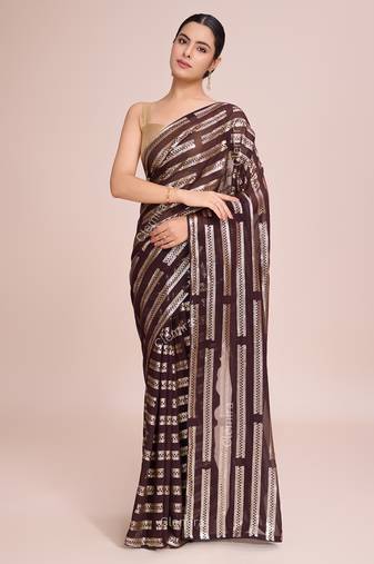 Embellished coffee color  bollywood georgette saree with unstiched blouse
