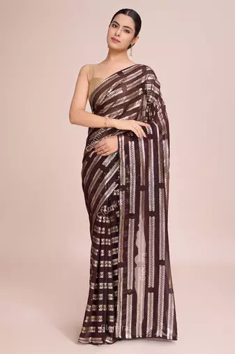 Embellished coffee color  bollywood georgette saree with unstiched blouse