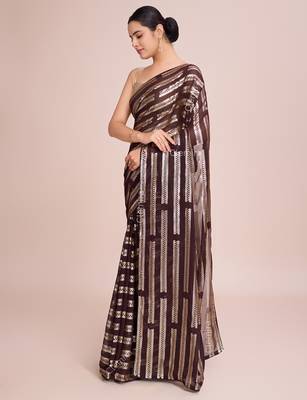 Embellished coffee color  bollywood georgette saree with unstiched blouse 2