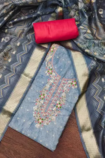 Blue cotton banarasi print handwork unstitched dress material