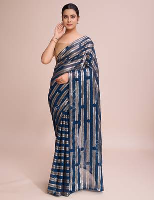 Embellished petrol blue color  bollywood georgette saree with unstiched blouse 1
