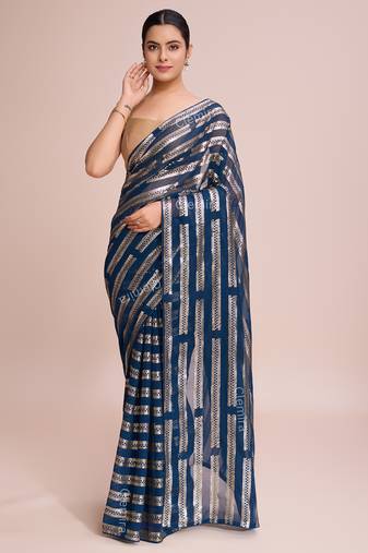 Embellished petrol blue color  bollywood georgette saree with unstiched blouse