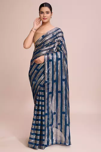 Embellished petrol blue color  bollywood georgette saree with unstiched blouse
