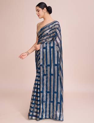 Embellished petrol blue color  bollywood georgette saree with unstiched blouse 2