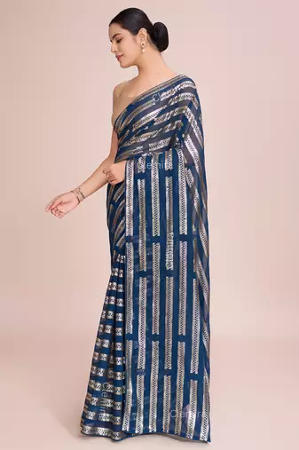 Embellished petrol blue color  bollywood georgette saree with unstiched blouse