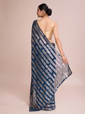 Embellished petrol blue color  bollywood georgette saree with unstiched blouse 3