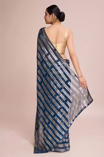 Embellished petrol blue color  bollywood georgette saree with unstiched blouse