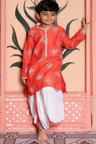 Orange embroidered chanderi kurta pyjama