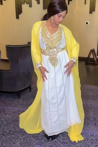 Yellow-White Inner Jacket Morrocan Kaftan Silver Detailed work for women
