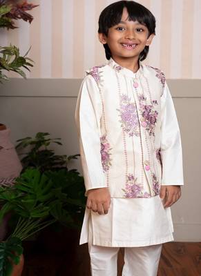 White embroidered chanderi nehru jacket set 1
