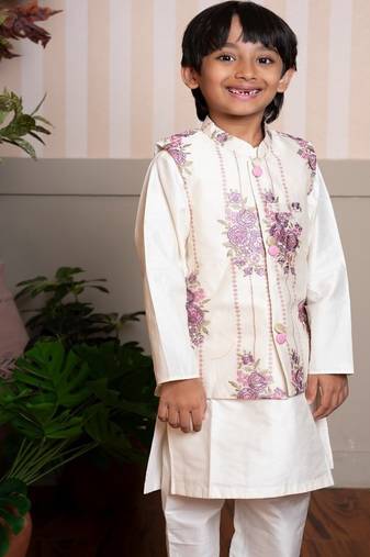 White embroidered chanderi nehru jacket set