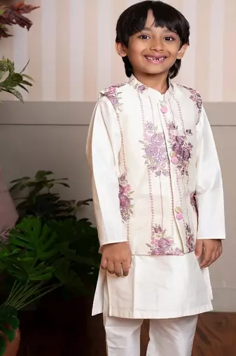 White embroidered chanderi nehru jacket set