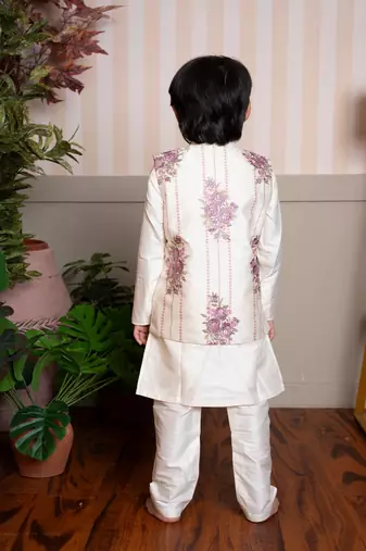 White embroidered chanderi nehru jacket set