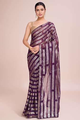 Embellished wine color  bollywood georgette saree with unstiched blouse