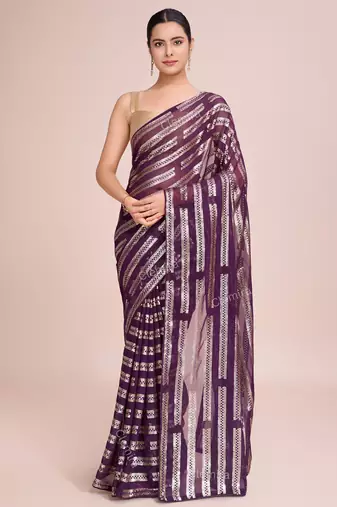 Embellished wine color  bollywood georgette saree with unstiched blouse