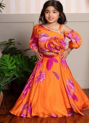 Orange printed organza lehenga with top 1
